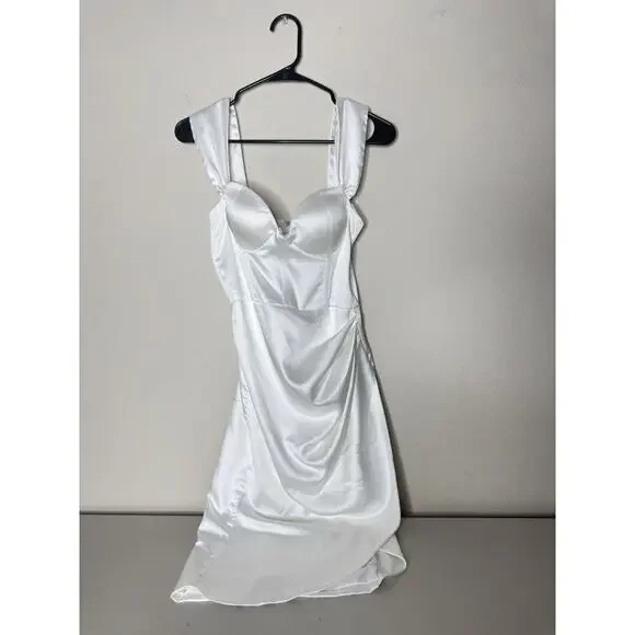 Miss Circle $185 Hedy Sz S White Satin Corset Mini Dress Ruch Mini Slit Silky - Picture 5 of 13